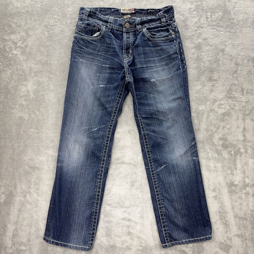 MEK Denim Jeans Men 32 (Fits 33x29) Blue Bootcut Distressed Button Fly Y2K